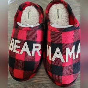 Dearfoams Bear Mama Red & Black Buffalo Plaid Womens Slippers